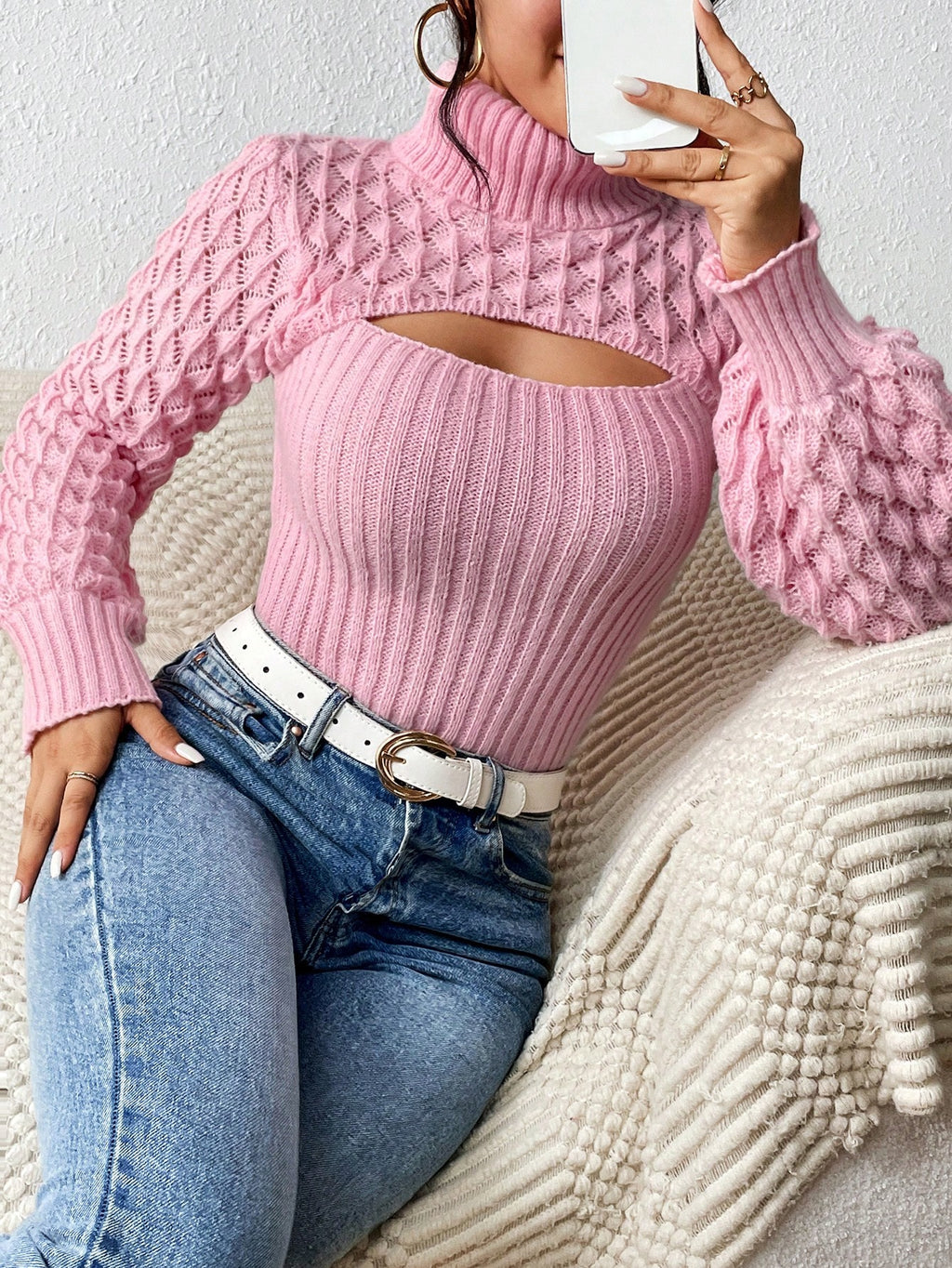 Chiquease Solid Turtleneck Cut Out Front Cable Knit Sweater,Long Sleeve Tops Knit Pullover Fall Winter Outfit